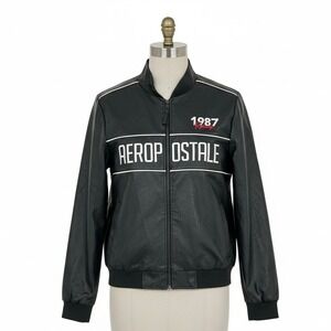Aeropostale Mens Faux Leather Racing Bomber Jacket Black Large